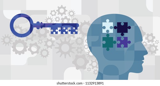 vector illustration of human head and key and jigsaw puzzle for intelligence development and problem solving skills visuals