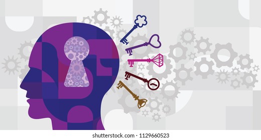 vector illustration of human head with keyhole and different matching keys for psychological science concept