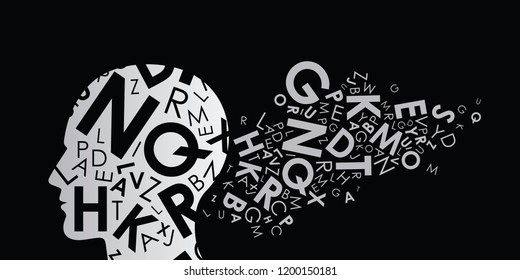 vector illustration for human head and letters for verbal intellect or writing reading activities