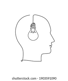 Vector illustration with human head and light bulb. Trendy concept of business, thinking, creativity, finding solution, idea. Symbol, icon in modern one line drawing style