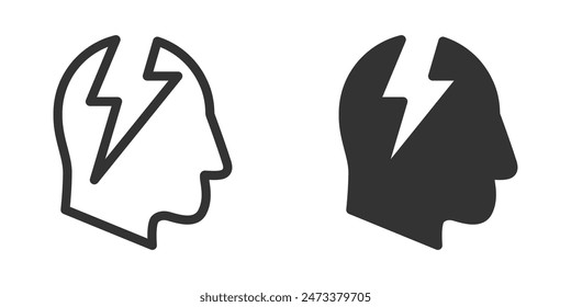 Vector illustration of a human head with a lightning bolt, depicting headache or mental health issues. Ideal for medical and psychological designs.