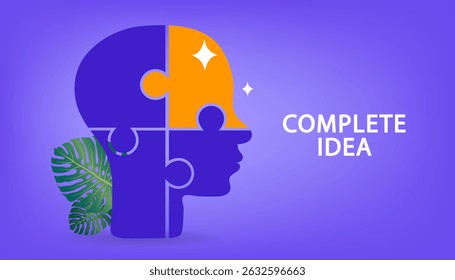 Vector illustration of a human head made of puzzle pieces representing brainstorming, innovation, and complete idea concept. Suitable for business, education, and creative thinking themes.