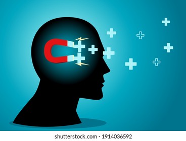 Vector illustration of human head with magnet inside attracting positive symbols. Positive mind concept