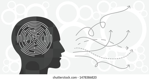 vector illustration of human head and maze for problem solving and logical thinking concept