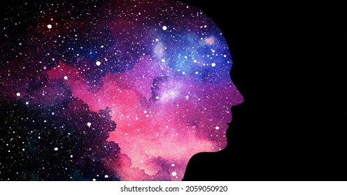 Vector Illustration Of Human Head On Starry Space Background. Artificial Intelligence Or Cosmic Consciousness Concept