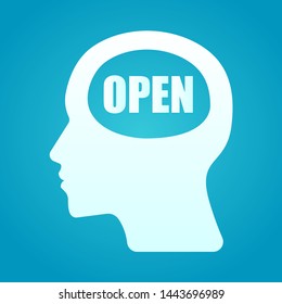 vector illustration of a human head open with open sign. describe open mind and brainstorming. business concept illustration