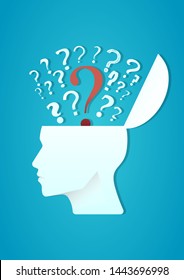 vector illustration of a human head open with question marks. describe open mind and brainstorming. business concept illustration