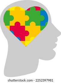 Vector illustration of a human head in profile, with a heart and puzzle pieces. Logical thinking. Reasoning.