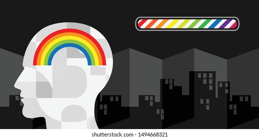 vector illustration of human head with rainbow and loading bar for good ideas and kindness visual