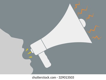 Vector illustration of a human head, a screaming into a megaphone.