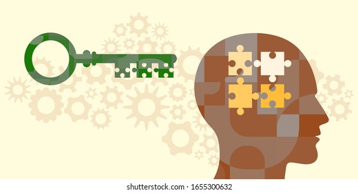 vector illustration of human head silhouette with jigsaw puzzle and key in retro colors