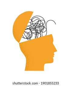 Vector illustration with human head silhouette with brain as tangled messy single line. Trendy concept of mental disorder, finding solution, chaotic thinking process, confused mind. Isolated on white