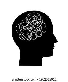 Vector illustration with human head silhouette with brain as tangled messy single line. Trendy concept of mental disorder, finding solution, chaotic thinking process, confused mind. Isolated on white