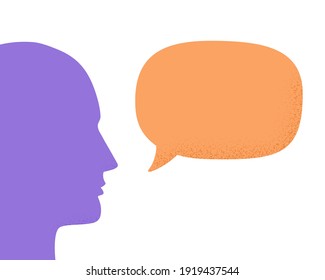Vector illustration of human head silhouette talking through speech bubble. Concept of communication, dialogue, chat, conversation, meeting, arguing, listening. Isolated on white background