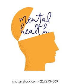 Vector illustration of human head silhouette isolated on white background with Mental Health brush lettering. Concept of Psychology, psycho therapy, dual personality, mood disorder