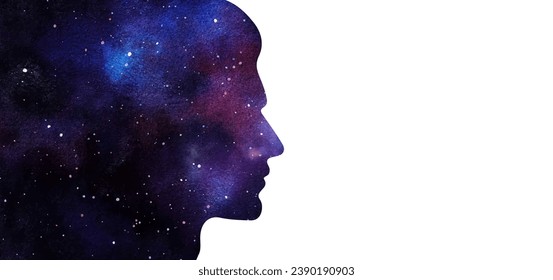 Vector illustration of human head silhouette with abstract galaxy watercolor