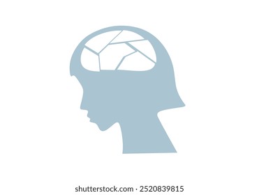 Vector illustration of a human head silhouette with cracked lines inside, symbolizing mental fragility or a broken mind. This abstract design conveys themes of psychological stress, emotional distress