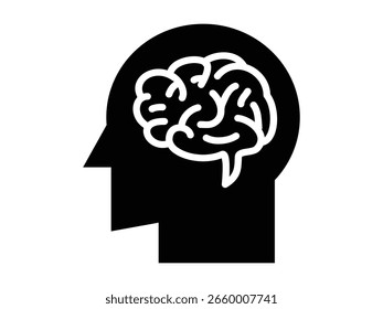 Vector illustration of a human head silhouette with brain icon. Represents creativity, idea generation, mental health, thinking process, intelligence, and innovation. Isolated on white background.