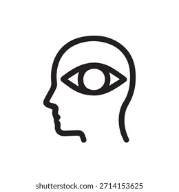 Ilustração vetorial de uma silhueta de cabeça humana com um ícone de olho no interior representando conceitos como percepção de intuição e sabedoria