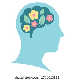 Ilustración vectorial de una silueta de cabeza humana con flores y hojas de colores que crecen dentro del cerebro. Concepto de bienestar mental, crecimiento, atención plena y pensamiento positivo