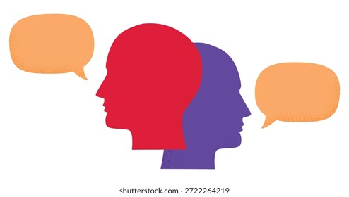 Ilustração vetorial da silhueta da cabeça humana com balão de fala representando comunicação de diálogo e conceito de conversa