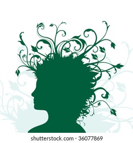 Vector Illustration of human head in silhouette with plants growing from hair.