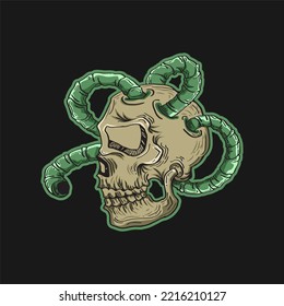 vector illustration of a human head skull with a strange object. side view, unique art isolated