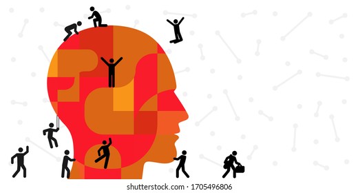 vector illustration of human head and small people silhouettes for psychological problems concept