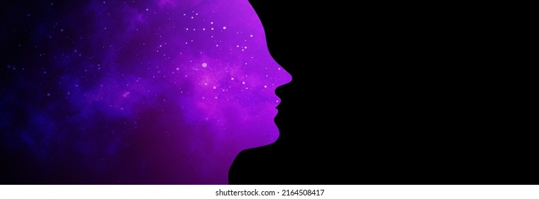 Vector Illustration Of Human Head With Starry Space Background. Artificial Intelligence Or Cosmic Consciousness Concept