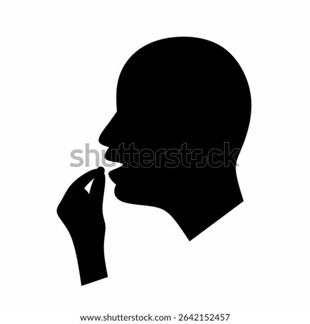 Vector illustration of human head taking medicine pill with hand isolated on white background.