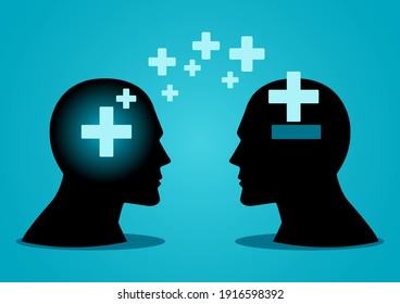 Vector illustration of human head transferring or spreading positive energy to another human head