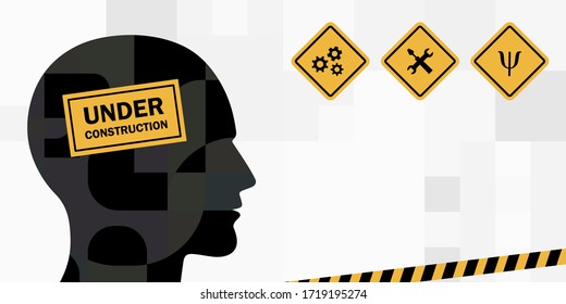 vector illustration of human head under construction symbol for personal renovation and transformation