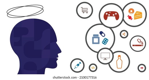 vector illustration of human head with vertigo for addiction types and diagnostics as alcoholism gaming and smoking  