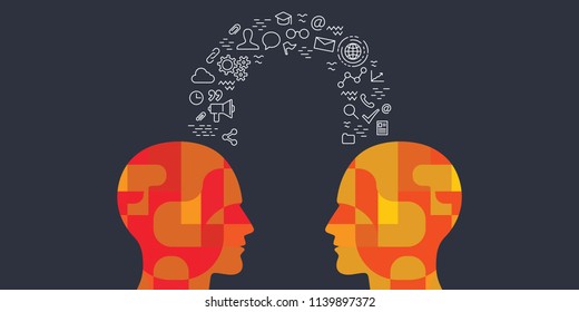 vector illustration of human heads and educational icons items for experience and knowledge exchange concepts 