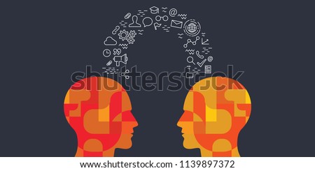 vector illustration of human heads and educational icons items for experience and knowledge exchange concepts 