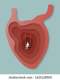 Vector illustration of a human heart with 3D origami paper cut out effect. Anatomy of human heart, abstract design. Modern illustration for the medicine, health care and love theme.