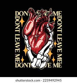 Vector illustration of human heart with bones on black background. Design for streetwear merch