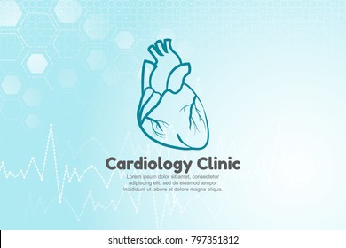 Vector Illustration Of Human Heart For Cardiology Clinic. Blue Medical Background With Structure Molecule And Heart Beat.