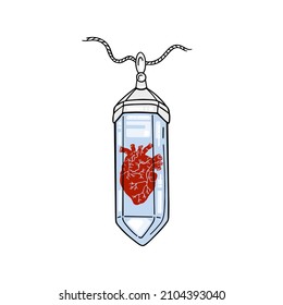 Vector Illustration Of A Human Heart In A Crystal. Pendant, Jewelry, Symbol Of Love, Strong Feelings, Emotions. Isolated On White Background. 