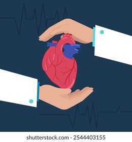 Ilustração vetorial de um coração humano segurado entre as mãos, simbolizando a saúde e a proteção cardíaca. As linhas de batimento cardíaco no plano de fundo enfatizam o atendimento médico.