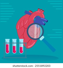Ilustración vectorial de un corazón humano con una lupa y tubos de ensayo, que simbolizan la investigación cardiovascular, la salud y los estudios médicos.