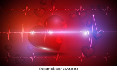 Ilustración vectorial de un corazón humano sobre el fondo de un gráfico brillante de la frecuencia cardíaca. Medicina, salud, ritmo cardíaco, estilo de vida saludable. EPS 10.