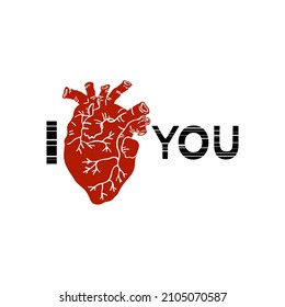 Vector illustration of a human heart. Text I love you. Declaration of love. Isolated on white background. 
