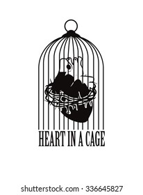 vector illustration of the human heart is tied with barbed wire in the cage