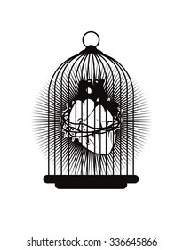 vector illustration of the human heart is tied with barbed wire in the cage