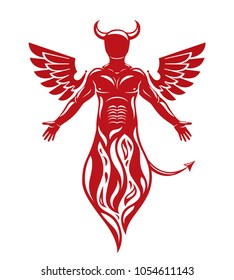 Vector illustration of human, horned frightening creature made with bird wings. Evil spirit, flame demon.