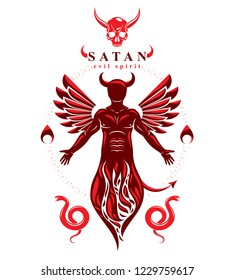 Vector illustration of human, horned frightening creature made with bird wings. Evil spirit, flame demon.