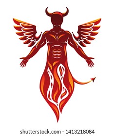 Vector illustration of human, horned frightening creature made with bird wings. Evil spirit, flame demon.