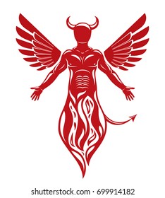 Vector illustration of human, horned frightening creature made with bird wings. Evil spirit, flame demon.