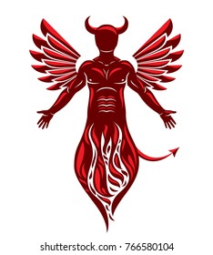 Vector illustration of human, horned frightening creature made with bird wings. Evil spirit, flame demon.